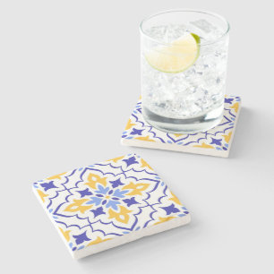 Golden Harmony Blue Floral Mosaic Elegant Stone Coaster