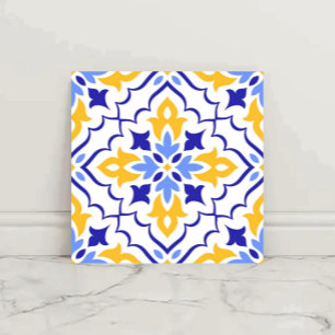 Golden Harmony Blue Floral Mosaic Elegant Tile