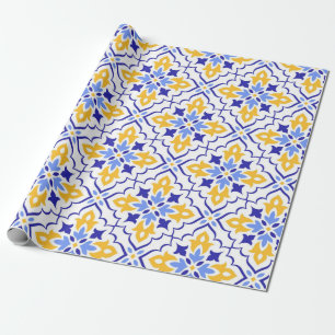 Golden Harmony Blue Floral Mosaic Elegant Wrapping Paper