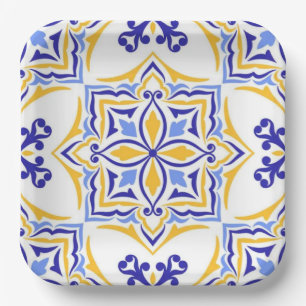 Golden Harmony Blue Gold Mosaic Mediterranean Paper Plate