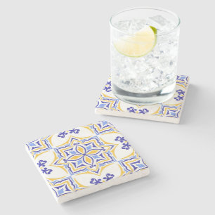 Golden Harmony Blue Gold Mosaic Mediterranean Stone Coaster