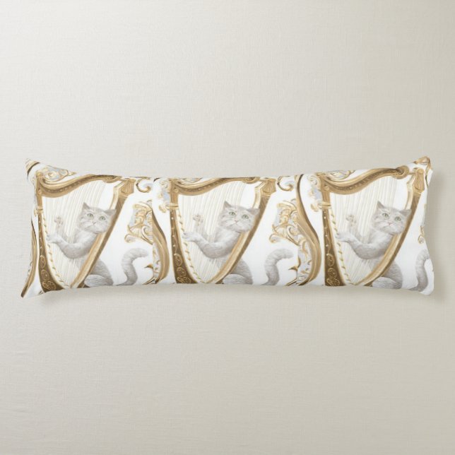 Golden Harp Cat Body Pillow – Elegant Fantasy (Front)