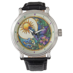 Golden Harvest Stained Glass Sunflower Butterfly Watch