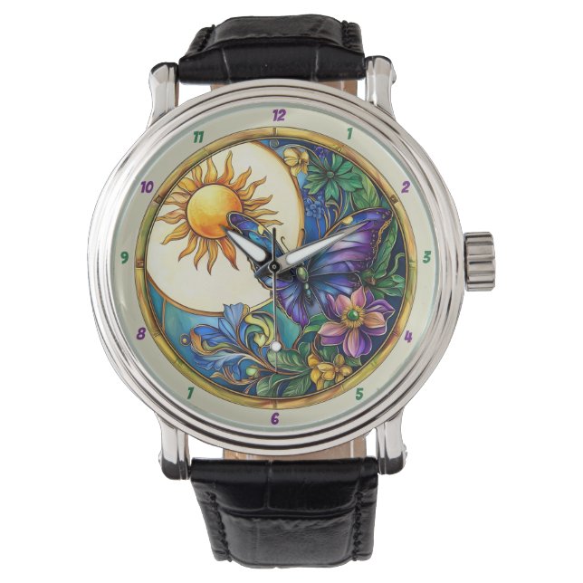 Golden Harvest Stained Glass Sunflower Butterfly Watch (Front)