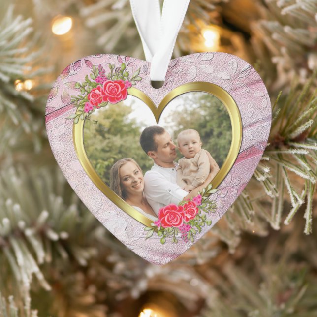 Golden Heart And Beautiful Roses Flowers Ornament (Tree)