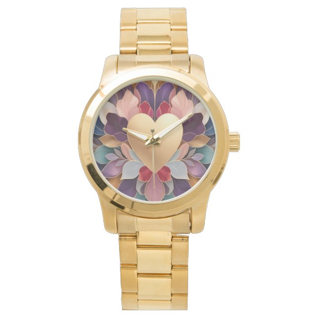 Golden Heart Bloom Elegant Multicolor Floral Symmt Watch (Front)