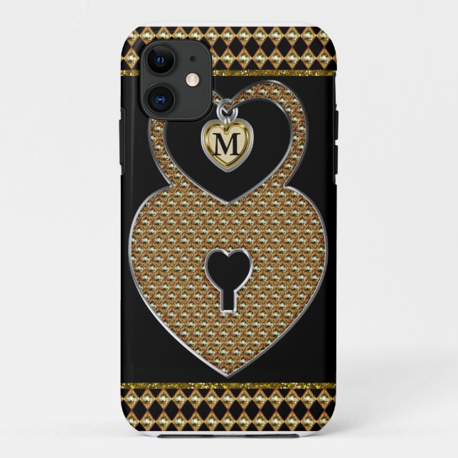 Golden Heart Lock With Charm Monogram Case-Mate iPhone Case (Back)