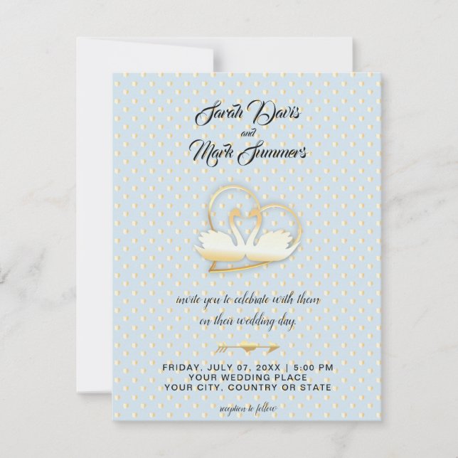Golden Heart Swans, Gentle Love Wedding Invitation (Front)