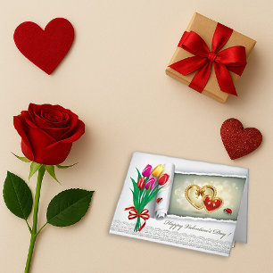 Golden Heart Tulip Valentine Greeting Card