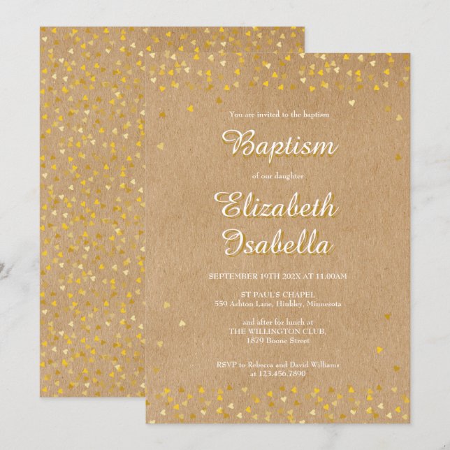 Golden Hearts Baptism Christening Invitation (Front/Back)