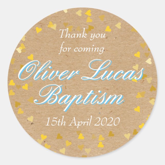 Golden Hearts Blue Baptism Christening Favour Classic Round Sticker (Front)