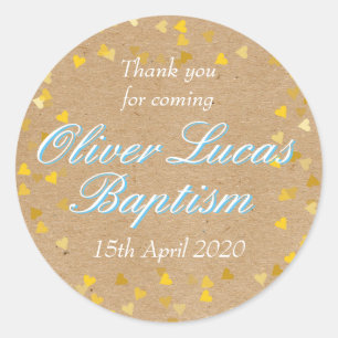 Golden Hearts Blue Baptism Christening Favour Classic Round Sticker