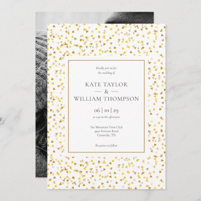 Golden Hearts Confetti Photo Wedding Invitation (Front/Back)