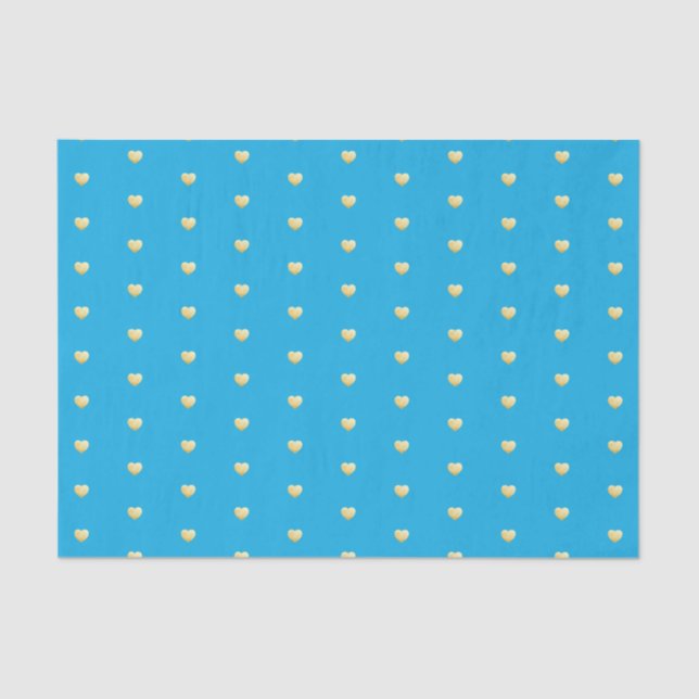 Golden Hearts Faux Foil Pattern on Sky Blue Tissue Paper (Front)