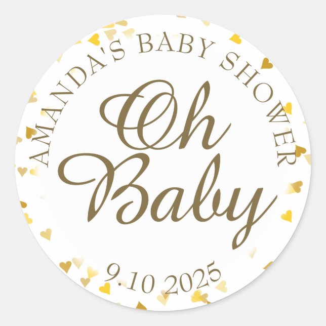 Golden Hearts Oh Baby Shower Favour Classic Round Sticker (Front)