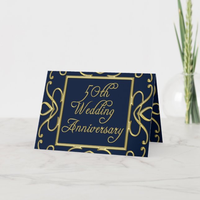 Golden Hearts On Blue 50th Wedding Anniversary Card (Front)