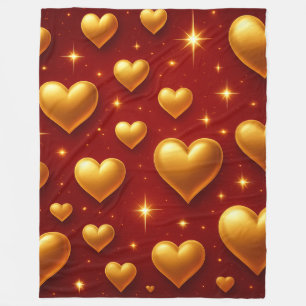 Golden Hearts on Red with Stars Fleece Blanket
