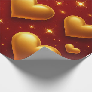 Golden Hearts on Red with Stars Wrapping Paper