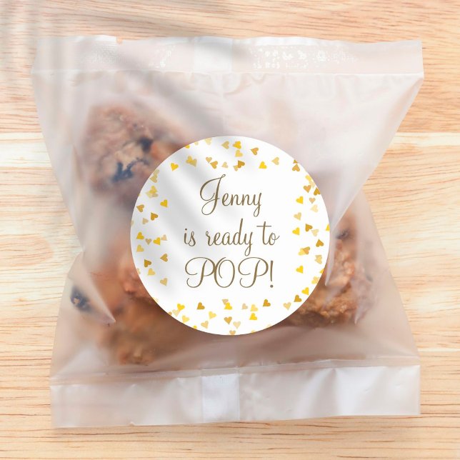 Golden Hearts She's Ready to Pop Baby Shower Favou Classic Round Sticker (Creator Uploaded)