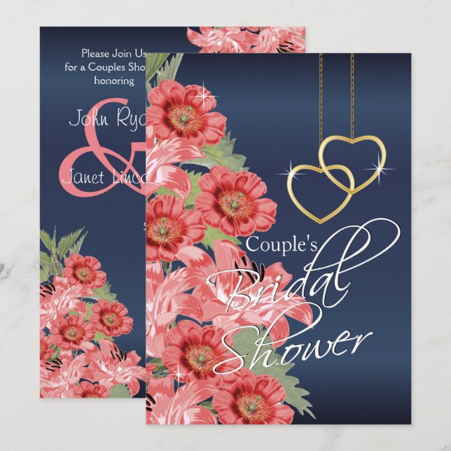 Golden Hearts with Coral & Navy Blue - Invitation (Front/Back)