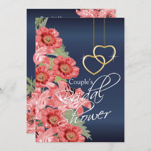 Golden Hearts with Coral & Navy Blue - Invitation