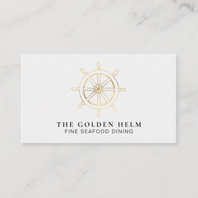 *~* Golden Helm Fine Dining by The Sea Gold White Business Card (Front)