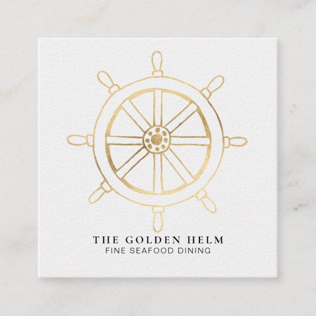 *~* Golden Helm Fine Dining by The Sea White Gold Square Business Card (Front)