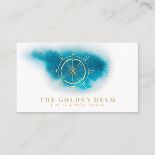 *~* Golden Helm Fine Dining Sea White Teal Blue Business Card (Front)
