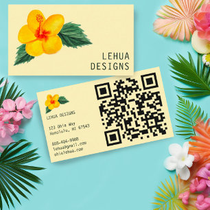 Golden Hibiscus Watercolor Unique Tropical QR Code Business Card