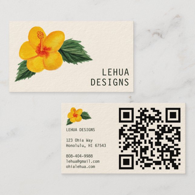Golden Hibiscus Watercolor Unique Tropical QR Code Business Card (Front/Back)
