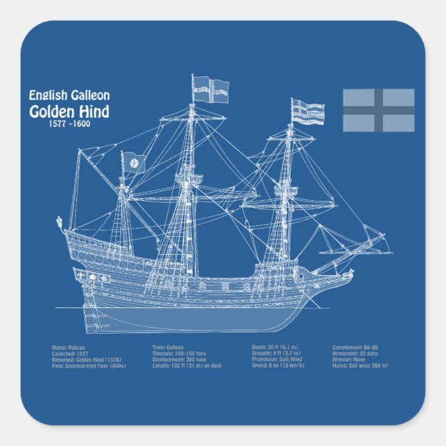 Golden Hind - Ship Blueprint Plans ABD Square Sticker (Front)