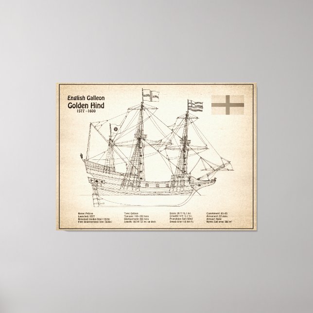 Golden Hind - Ship Blueprint Plans SD Canvas Print (Front)