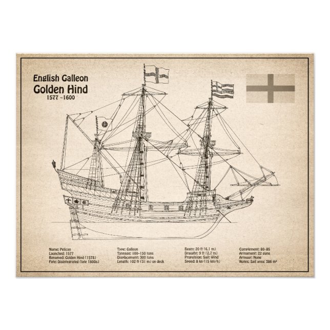 Golden Hind - Ship Blueprint Plans SD Photo Print (Front)