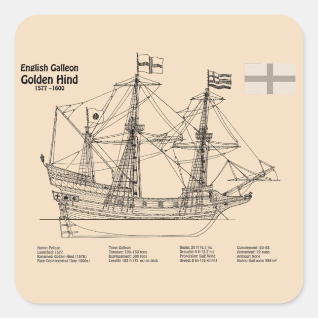 Golden Hind - Ship Blueprint Plans SD Square Sticker (Front)
