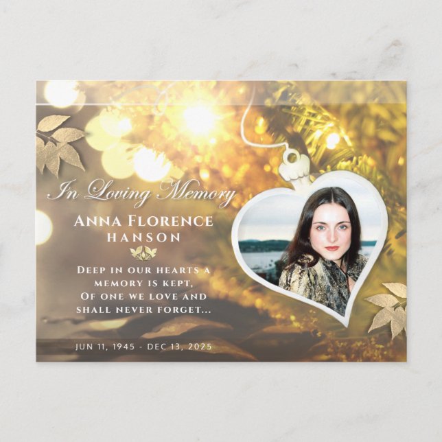 Golden Holiday Heart Photo Sympathy Thank PostCard (Front)