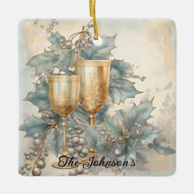 Golden Holiday Toast Ceramic Ornament (Front)