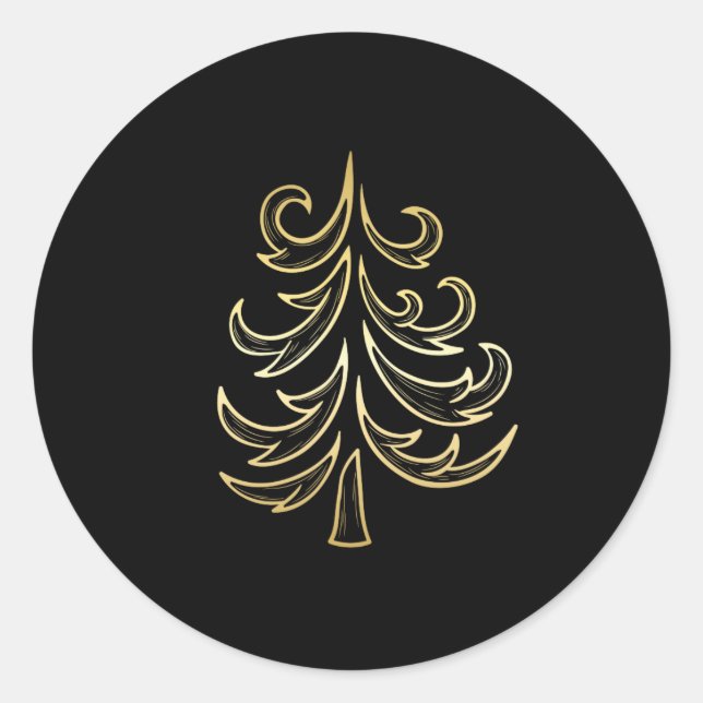 Golden Holiday Tree on Black Christmas Stickers (Front)