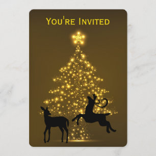 Golden Holiday Tree with Silhouette Deer Wedding Invitation