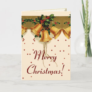 Golden Holly Bells Holiday Card