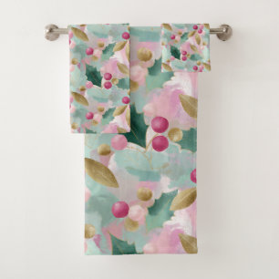Golden Holly & Berry Botanical Christmas Pattern Bath Towel Set