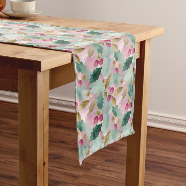 Golden Holly & Berry Botanical Christmas Pattern  Medium Table Runner (In Situ)