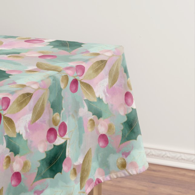 Golden Holly & Berry Botanical Christmas Pattern  Tablecloth (In Situ)