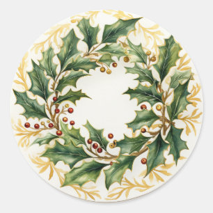 Golden Holly Leaves and Berries Classic Round Sticker