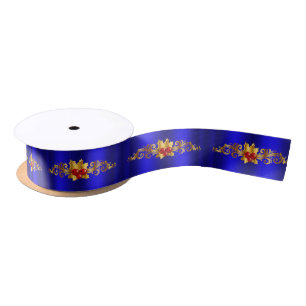 Golden Holly on Blue Christmas Satin Ribbon