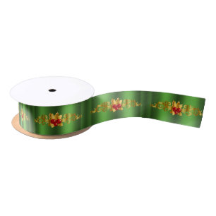 Golden Holly on Green Christmas Satin Ribbon