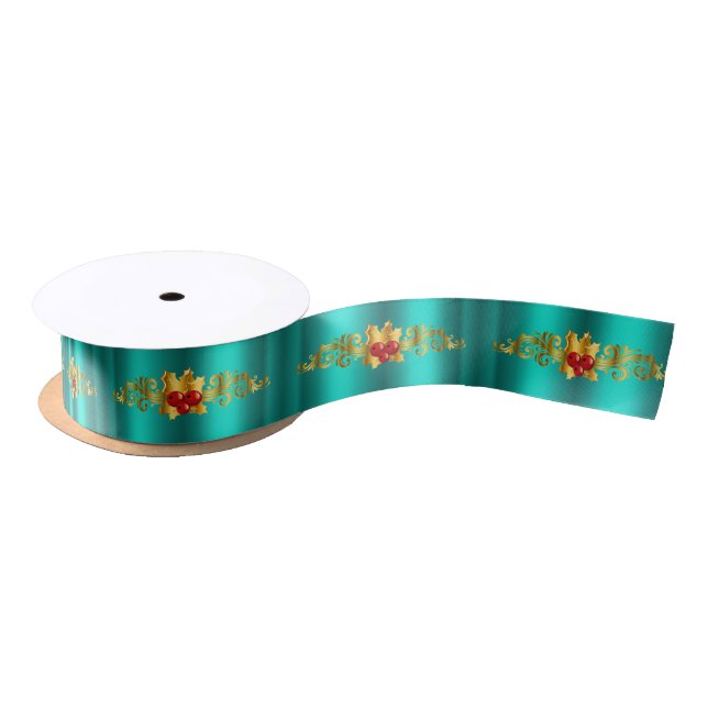 Golden Holly on Teal Christmas Satin Ribbon (Spool)