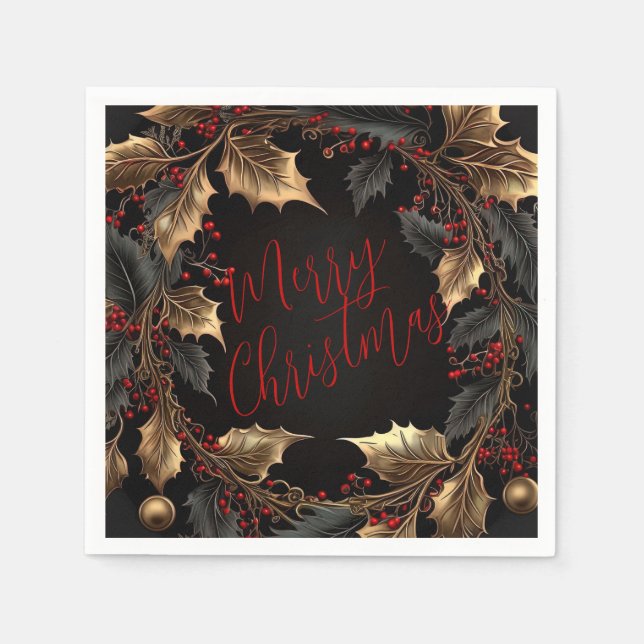 Golden Holly Wreath – Elegant Christmas Napkin (Front)