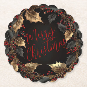 Golden Holly Wreath – Elegant Christmas Paper Coaster