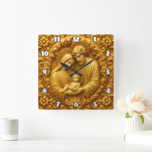 Golden Holy Family Devotional Relief Square Wall Clock