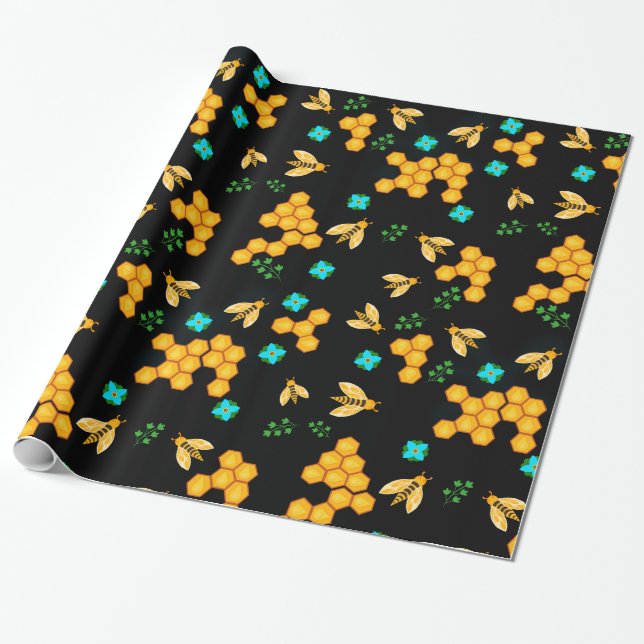 Golden Honey Bees Classic Honeycomb Floral blooms Wrapping Paper (Unrolled)